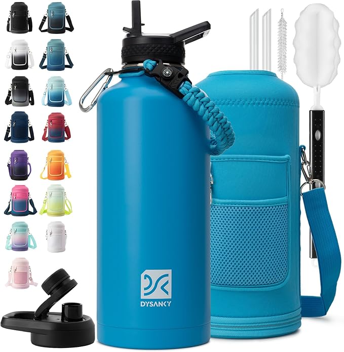 Insulated Water Bottle | Thickened Stainless Steel for Gym and Hiking with Straw, Carrier Bag, Handle Strap | BPA-Free 87 oz-FlexoryFit