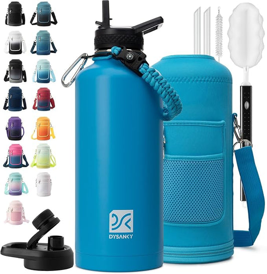 Insulated Water Bottle | Thickened Stainless Steel for Gym and Hiking with Straw, Carrier Bag, Handle Strap | BPA-Free 87 oz-FlexoryFit