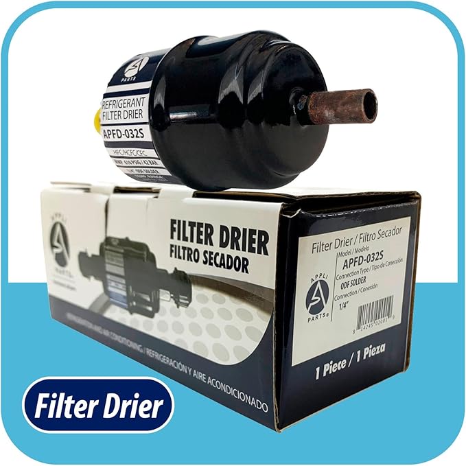 Appli Parts APFD-032S 1/4 in Liquid Line Refrigerant AC Filter Drier hvac Refrigeration 032S ODF Sweat Solder connection universal unidirectional 4-1/2 in long 1-3/4 in wide