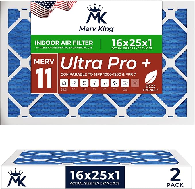 MervKing 16x25x1 Air Filter Actual Size: 15.7" x 24.7" x 0.75" MERV 11 MPR 1000-1200 | MADE IN USA | 2-Pack | Pleated HVAC AC Furnace Replacement