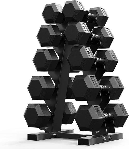 PAPABABE Hex Dumbbell Sets with Rack, 60-550lb Rubber Coated Dumbbell Weight Set and Storage Rack, Multiple Options Hand Weights for Strength Training-FlexoryFit
