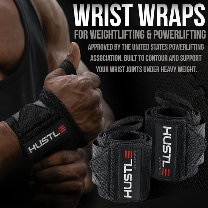 Hustle Athletics Wrist Wraps for Weightlifting – Max Wrist Support for Safe & Heavy Lifts, USPA Approved 18" & 12" Lengths, Thumb Loop Gym Straps for Powerlifting & Weight Lifting for Men and Women-FlexoryFit