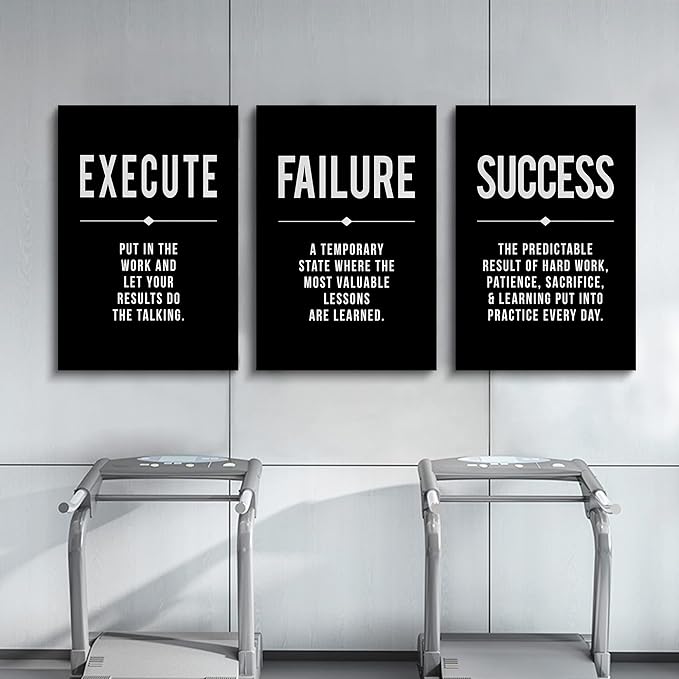 Framed Canvas Wall Art Success Quote, Office Wall Art, Black Large Poster, Positive Motivational Set of 3 Prints, Execute Failure Definition, Inspirational Print (A-3pcs,20x30inchx3pcs)-FlexoryFit