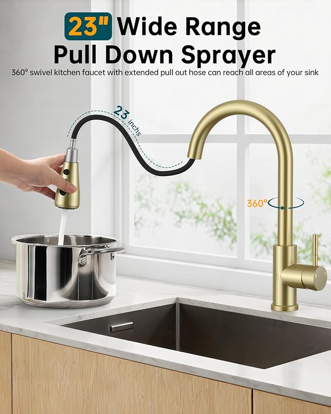 Brushed Gold Kitchen Faucet with Pull Down Sprayer, High Arc Faucet, Stainless Steel Modern RV Bar Sink Faucets for Pot Filler, Farmhouse Camper Bar Laundry, RV Bathroom