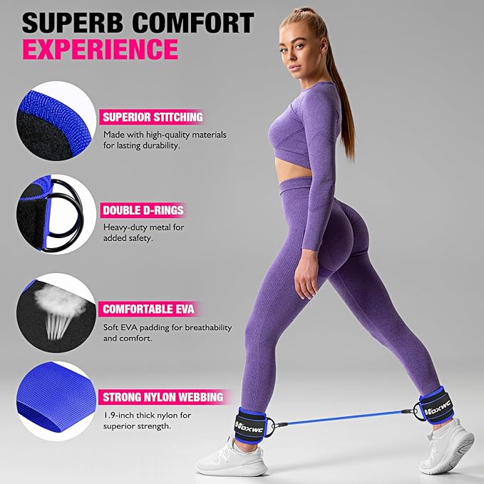 Ankle Resistance Bands with Cuffs, Ankle Bands for Working Out, Ankle Resistance Band for Leg, Booty Workout Equipment for Kickbacks Hip Fitness Training, Exercise Bands for Butt Lift Women-FlexoryFit
