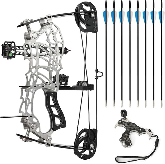 Short Axle Compound Bow Hunting Package Adjustable Draw Weight 15-32 Lbs No Bow Press Needed Includes 8 Carbon Arrows, Wrist Release & Sight Left/Right Hand (Short Shaft Type 1)