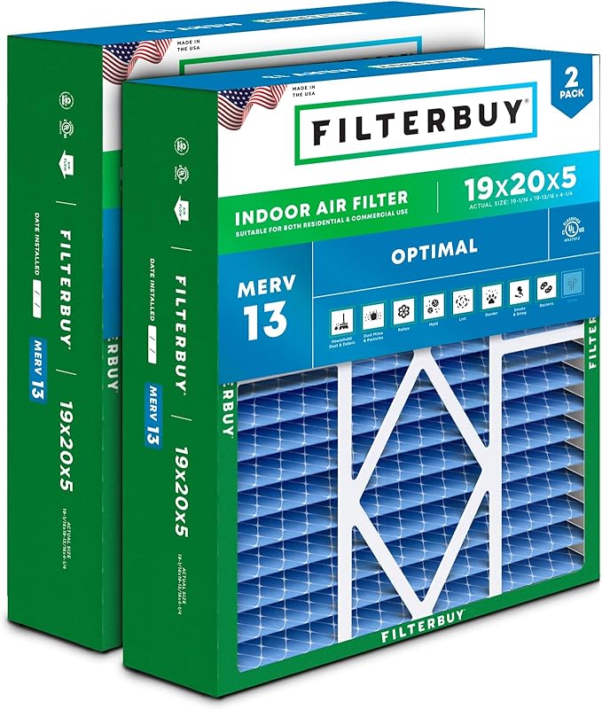 Filterbuy 19x20x5 Air Filter MERV 13 Optimal Defense (2-Pack), Pleated HVAC AC Furnace Air Filters for Bryant/Carrier, BDP, Day & Night, and Payne (Actual Size: 19.06 x 19.81 x 4.25 Inches)