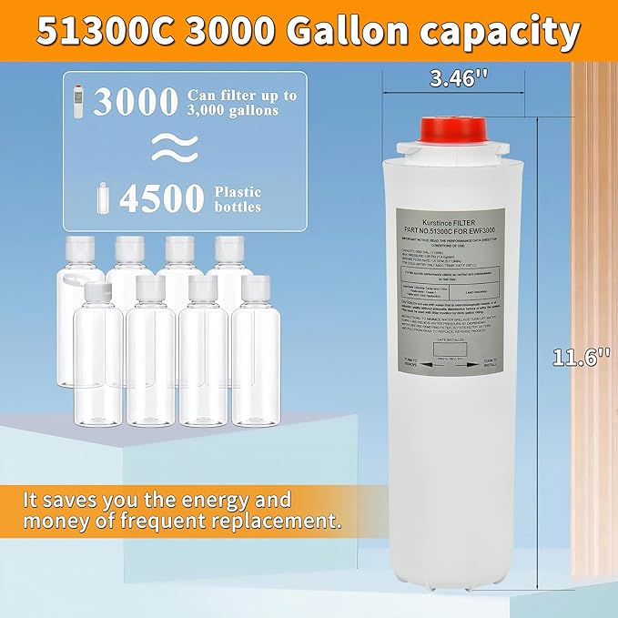51300C Filters, Replacement for Elkay EWF3000 51300C Filter By NSF/ANSI 42 Certified, Compatible With Ezh2o Filter Replacement Bottle Stations, 3000 Gallon High Capacity 3 Packs (No Chip)