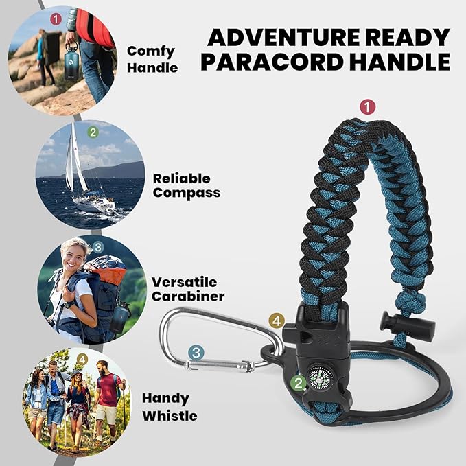 Insulated Water Bottle 64 oz, Triple Wall Vacuum Stainless Steel (Cold for 48 Hrs), Leak Proof & Non-BPA, Half Gallon Water Flask Jug with Paracord Handle & Straw Spout Lids-FlexoryFit