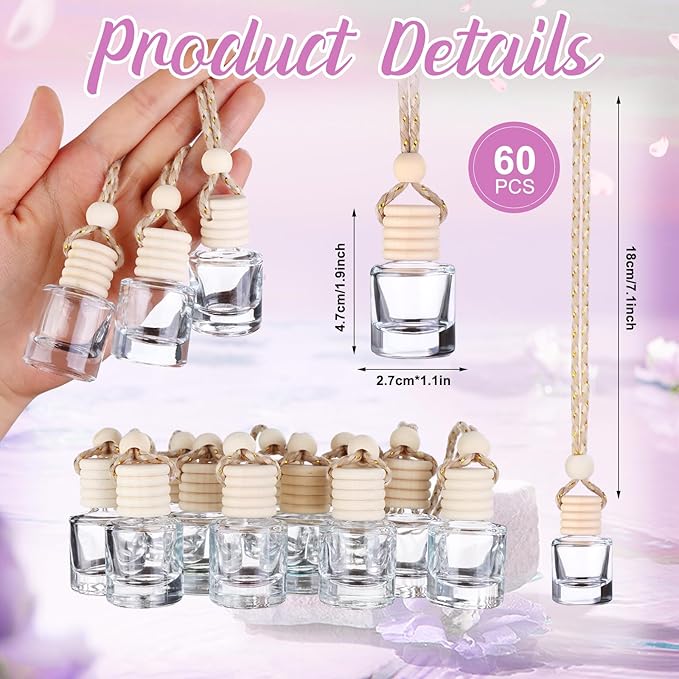 60 Pcs Hanging Car Air Freshener Car Diffuser Bottle Empty Glass Perfume Air Freshener Diffuser Bottle Pendant for Essential Oils Fragrance Aromatherapy Ornament Decor (Cylinder Style)
