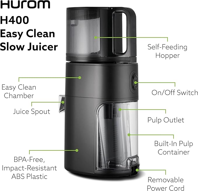 Hurom H400 Cold Press Juicer Machine, Award Winning Masticating Slow Juicer, Easy to Clean, Strainer & Hands Free with Self Feeding, Wide Mouth Hopper, Easy Assembly (Matte Black)-FlexoryFit