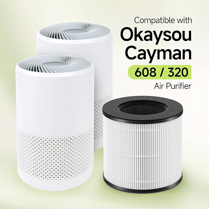 Cayman 608 320 Replacement Filter Compatible with Okaysou Cayman 608, Cayman 320 Air Cleaner Purifier, 3-in-1 Filter of Activated Carbon and Fine Pre-Filter, 2 Packs