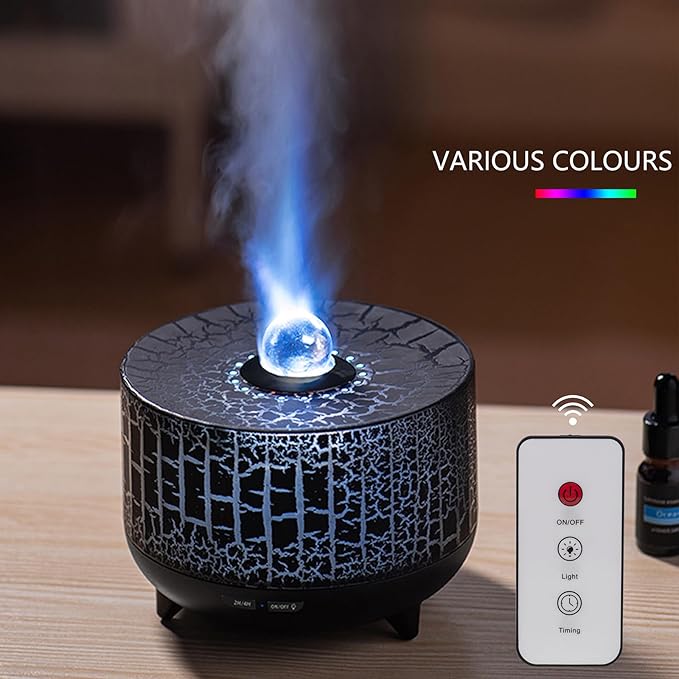 Volcano Essential Diffuser: 300ml Oil Diffuser with 7 Color Flame Light, Auto-Off Scent Humidifier with Remote Control for Large Room