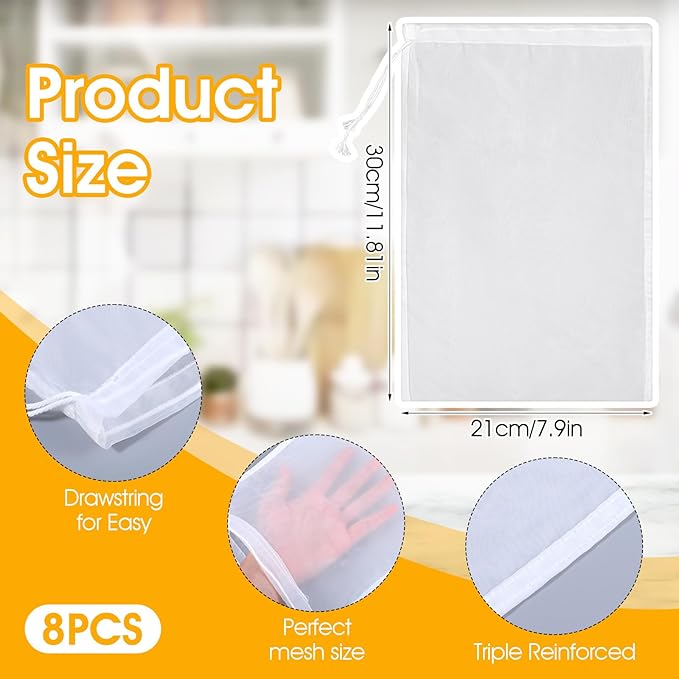 8 Pack Nut Milk Nylon Strainer, Nut Bag Strainer Reusable Food Strainers Greek Yogurt Straining Mesh Bags Cheese Cloth Bags Cold Brew Filter for Fruit Juice Soup