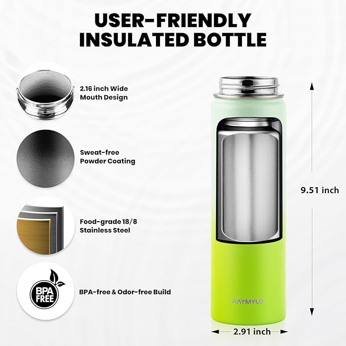 Insulated Water Bottle 20 oz, Triple Wall Vacuum Stainless Steel (Cold for 48 Hrs), Leak Proof & Non-BPA, Kids Water Bottle Jug for School with Straw Spout Lids, Ombre Green-FlexoryFit