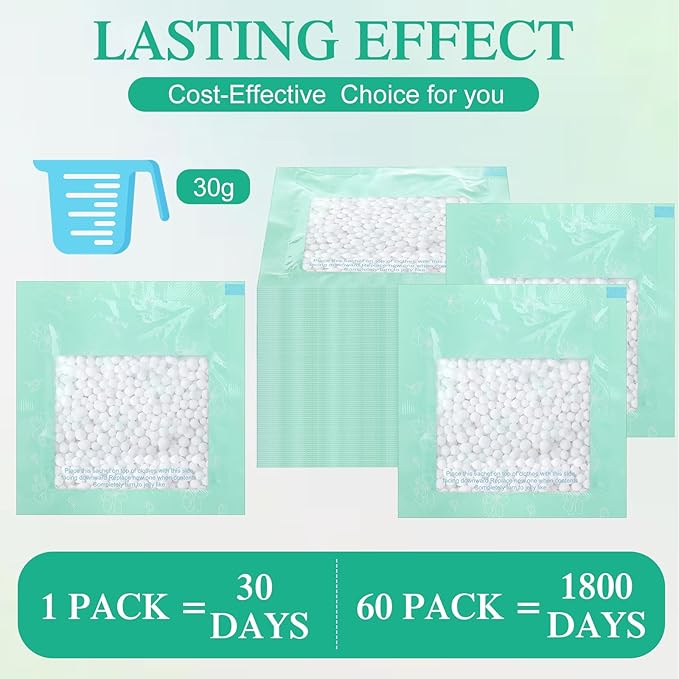 60 Pack Moisture Absorbers Dehumidifier Bags for Closet with 10 Pcs Hanging Hooks Clips Humidity Absorbers Deodorizer Unscented Humidity Absorber in Wardrobes for Bedroom Bathroom Kitchen