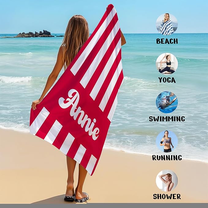 JML Personalized Beach Towel with Name, Custom Cabana Stripe Beach Towel, Customized Microfiber Pool Towel, Quick Dry & Absorbent Swim Towel for Adult,Mother's Day, Birthday, Summer Holiday,Vacation-FlexoryFit