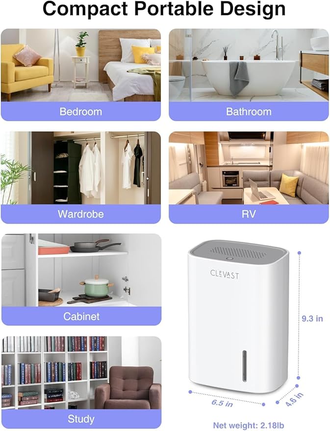 CLEVAST Small Dehumidifier for Home - 30 OZ Mini Quiet Dehumidifiers for Bathroom, Upgraded Portable Compact Air Dehumidifier for Room, Closet, RV, Camper, House (Not Cordless)