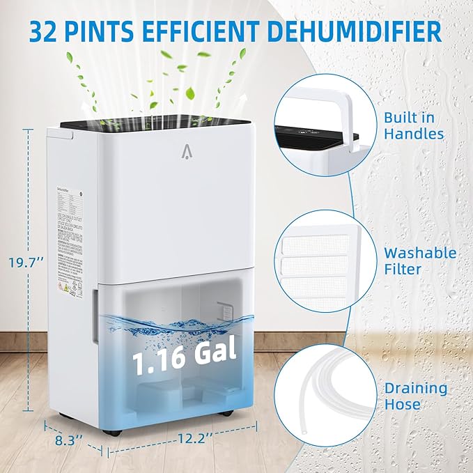 32-Pint Portable Efficient Dehumidifier for 3000 Sq.Ft – Compressor Unit with Smart Humidity Control, Adjustable Airflow & Timer, Ideal for Basements, Crawl Spaces, Garages & Large Rooms