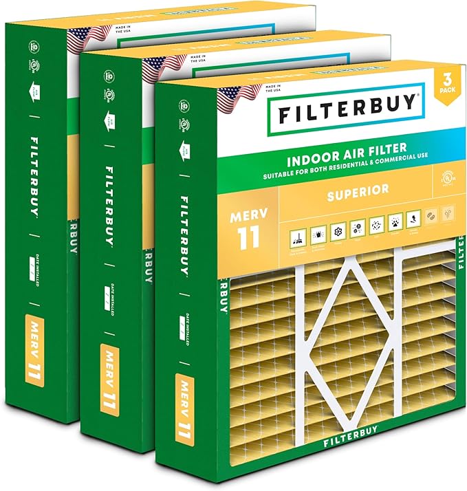 Filterbuy 20x25x5 Air Filter MERV 11 (MPR 1200) Allergen Defense (3-Pack), Pleated HVAC AC Furnace Filters for Amana, Coleman, Goodman, Maytag, York, and More (Actual Size: 20.19 x 25.31 x 5.25)