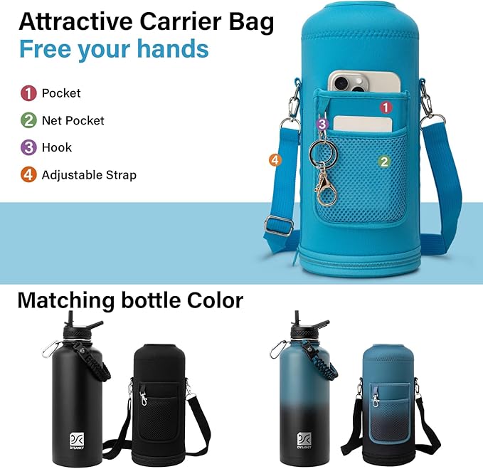 Insulated Water Bottle | Thickened Stainless Steel for Gym and Hiking with Straw, Carrier Bag, Handle Strap | BPA-Free 87 oz-FlexoryFit