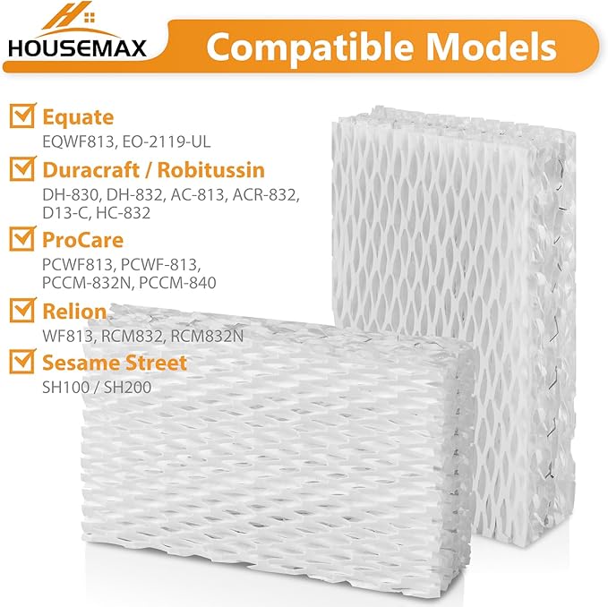 HOUSEMAX 4 Pack WF813 Humidifier Wick Filters with 2 Cleaning Fish, Compatible with Vicks Equate Eqwf813 Eq-2119-Ul, Relion RCM-832 RCM-832N, ProCare PCCM-832N Cool Mist Humidifier Replacement Filter