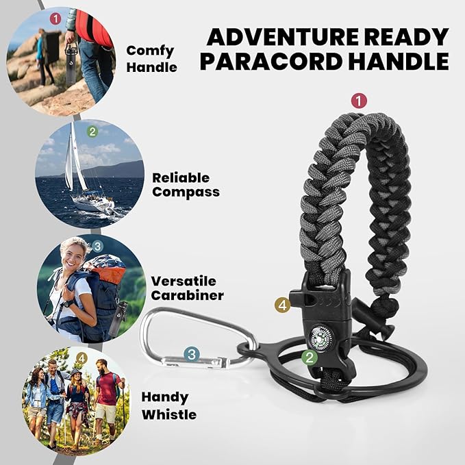 Insulated Water Bottle 24oz, Triple Wall Vacuum Stainless Steel (Cold for 48 Hrs, Hot for 24Hrs), Leak Proof & Non-BPA, 24oz Hydro Water Flask with Paracord Handle & Straw Spout Lids-FlexoryFit