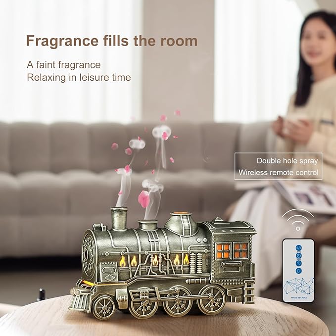 Train Diffuser 300ml, Aromatherapy Diffuser Cool Mist Ultrasonic Aroma Train Diffuser with Remote Control 2 Light 2 Mist Mode Auto Shut-Off for Bedroom Office Hotel (Silvery)