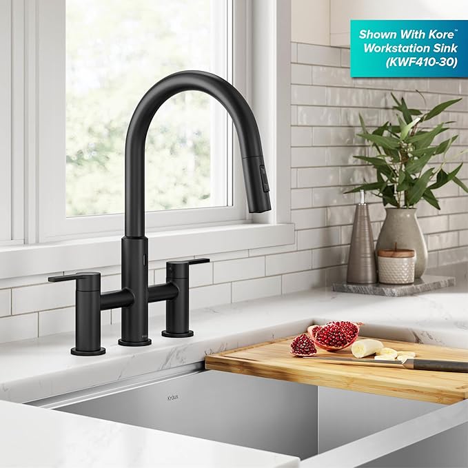 KRAUS Oletto Touchless Sensor Bridge Kitchen Faucet with Pull-Down Sprayhead in Matte Black, KSF-3122MB