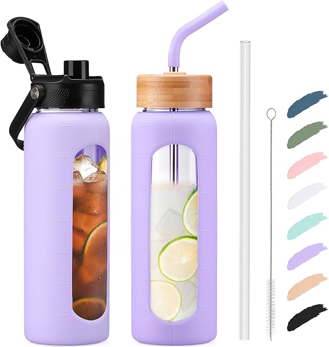 Kodrine Water Bottle with Straw, 24 oz Glass water Bottle with 2 Lids Bamboo Straw Lid and Spout Lid with Handle, 32 oz Clear Water Bottle Glass for Sports Travel, Waterbottle with Time Marker-FlexoryFit