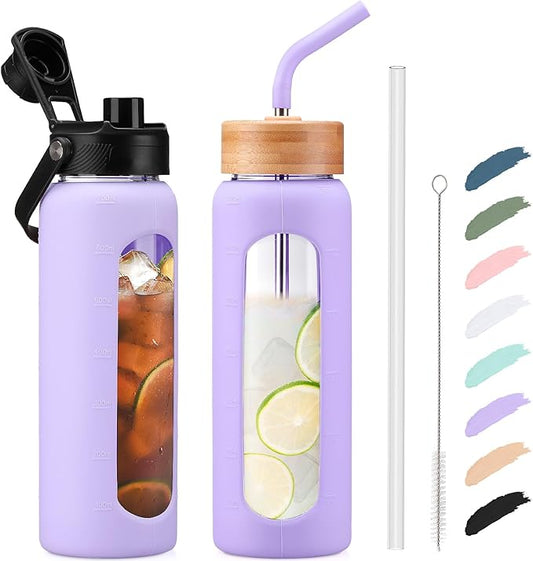 Kodrine Water Bottle with Straw, 24 oz Glass water Bottle with 2 Lids Bamboo Straw Lid and Spout Lid with Handle, 32 oz Clear Water Bottle Glass for Sports Travel, Waterbottle with Time Marker-FlexoryFit