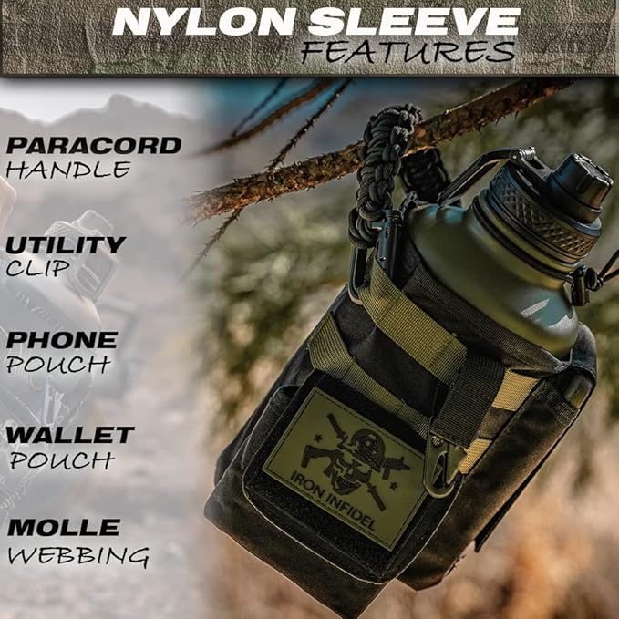 Iron Infidel Battle Bottle - Half Gallon Insulated Water Bottle with Paracord Handle, Large 64 oz Stainless Steel Water Jug with Rugged, Removable Sleeve for Keys, Wallet & Phone (Widowmaker 2L)-FlexoryFit