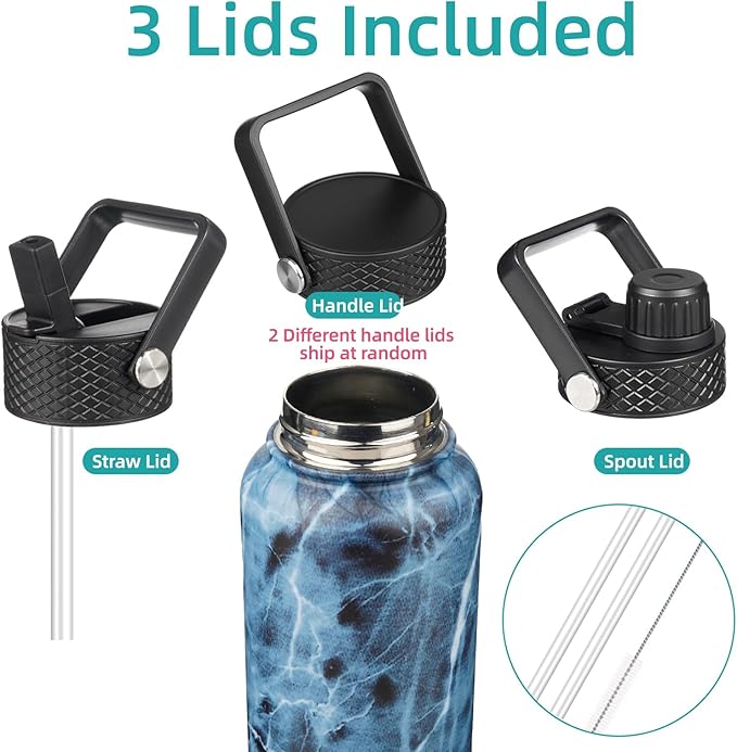 18 oz Insulated Water Bottle Stainless Steel Sport Bottles with 3 Lids,Marble Ocean-FlexoryFit