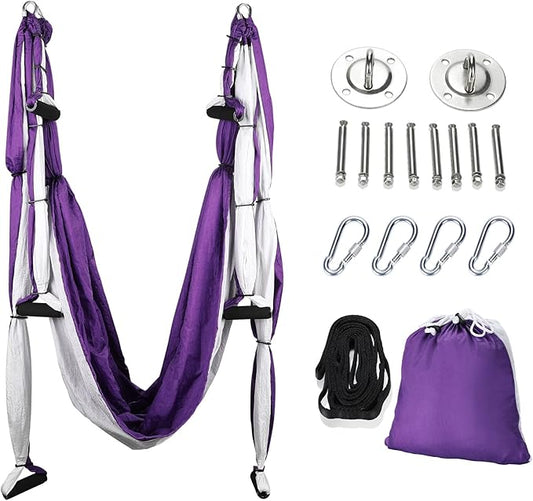 ZELUS Aerial Yoga Swing Sling Strong Yoga Hammock Kit Set Trapeze Inversion Equipment Include 2 Extensions Straps and Ceiling Mounting Kit-FlexoryFit