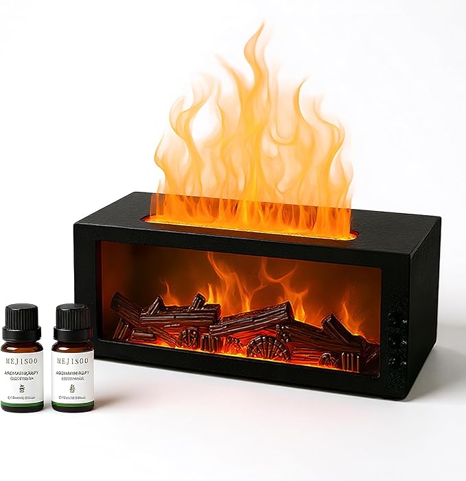 Fireplace Flame Diffuser & Humidifier – Ultrasonic Essential Oil Mist Maker with Remote, 7-Color LED Light, Bonfire Atmosphere for Home, Bedroom, Office (Black)