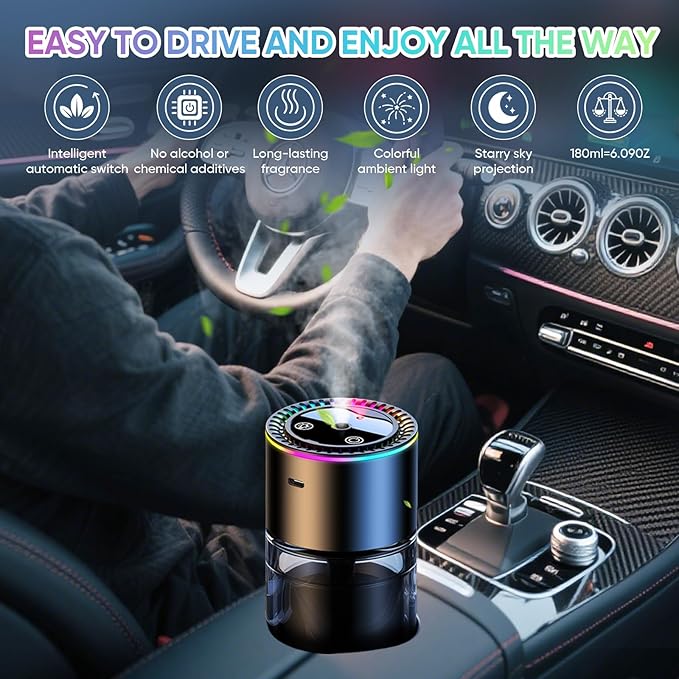 Smart Car Air Freshener Diffuser 180ML Large Capacity, 270-Day Essential Oil Rechargeable Auto On/Off with 7-Color Light & Star Projection for Home Office,Ocean Scent