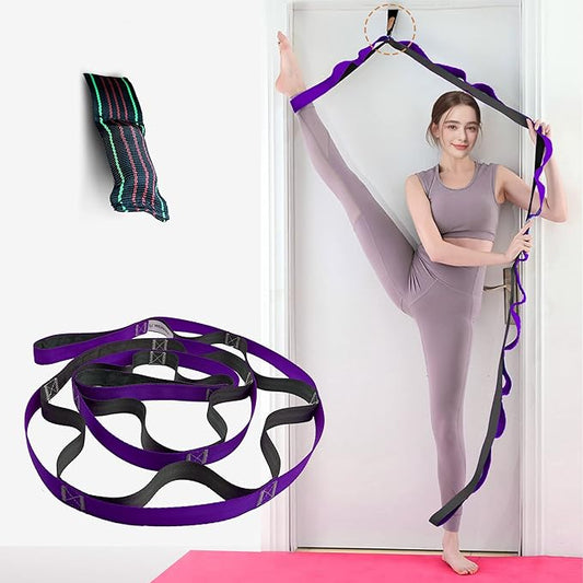 Stretching Strap Yoga Strap, 10 Loops Non-Elastic Stretch Bands Helps Women and Men Improve Flexibility for Home Workout, Physical Therapy, Pilates, Exercise, Dance, Comes with Door Anchor-FlexoryFit