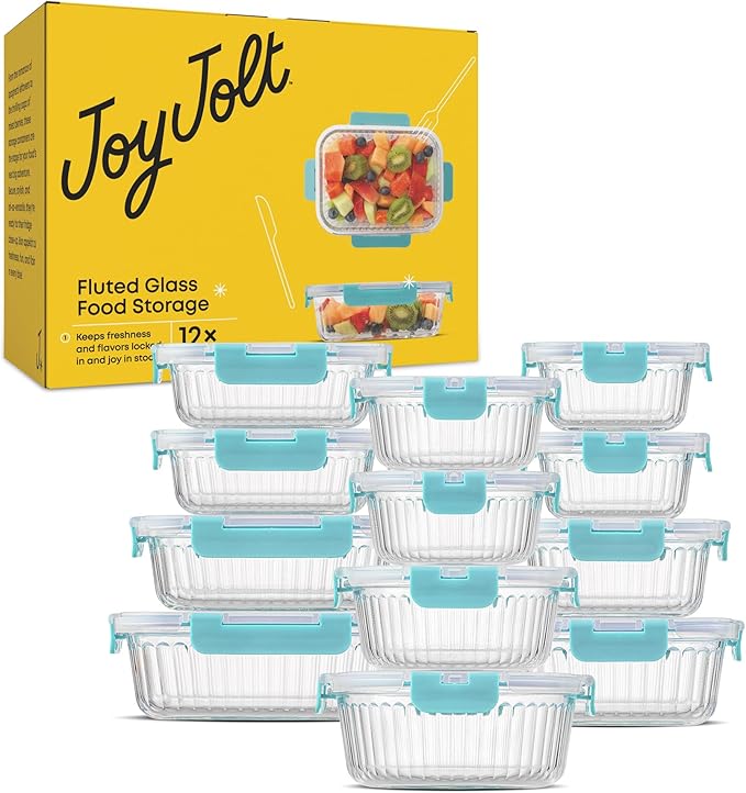 JoyJolt 24pc Borosilicate Glass Storage Containers with Lids | 12 Airtight/Freezer Safe Food Storage Containers for Pantry and Kitchen | Meal Prep Container for Lunch | Glass Tupperware Set-FlexoryFit