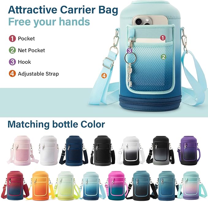 Insulated Water Bottle | Thickened Stainless Steel Vacuum Metal | Portable Sports Half Gallon Large Water Jug for Gym and Hiking with Straw, Carrier Bag, Handle Strap | BPA-Free 64 oz-FlexoryFit