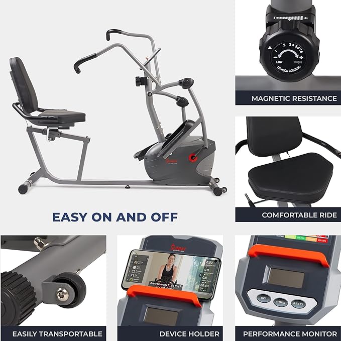 Sunny Health & Fitness Smart Recumbent Bike, Full-Body Home Training with Arm/Leg Exercisers, Indoor Cycling Workout Machine Plus Adjustable Seat & Bulit-in Pulse Sensors, Free SunnyFit App Connection-FlexoryFit