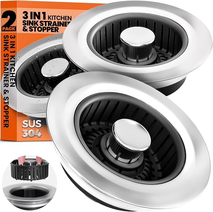 3 in 1 Kitchen Sink Drain Strainer & Sink Stopper, Upgraded Stainless Steel Drain Plug Combo with Anti-Clog Basket, Pop Up Drain Cover for Standard 3-1/2'',Garbage Disposal Parts