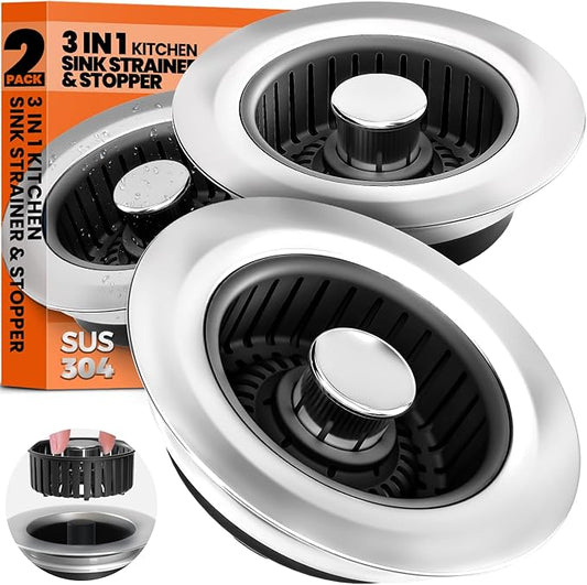 3 in 1 Kitchen Sink Drain Strainer & Sink Stopper, Upgraded Stainless Steel Drain Plug Combo with Anti-Clog Basket, Pop Up Drain Cover for Standard 3-1/2'',Garbage Disposal Parts