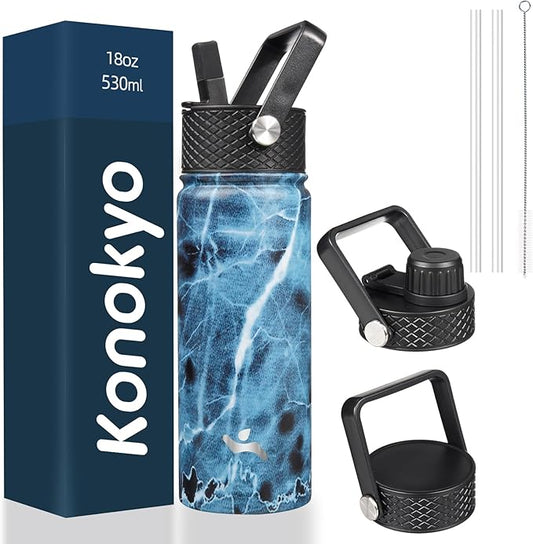 18 oz Insulated Water Bottle Stainless Steel Sport Bottles with 3 Lids,Marble Ocean-FlexoryFit