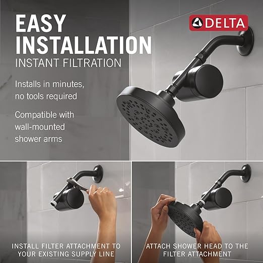 Delta Faucet 5-Setting Shower Head Matte Black with Clarifi Standard Shower Filter Attachment with Filter