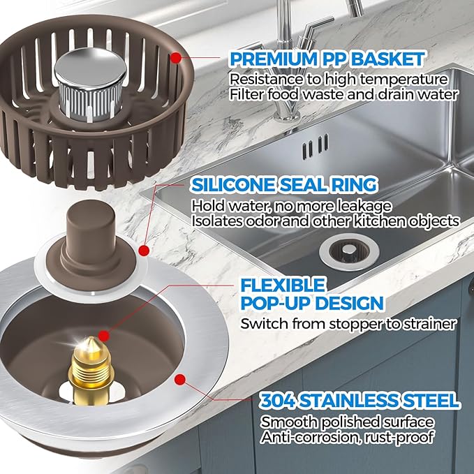 Upgraded 3in1 Kitchen Sink Drain Strainer & Sink Stopper, Stainless Steel Kitchen Drain Plug & Cover with Anti-Clogging Basket Strainer, Fit US Standard 3-1/2'' Sink Drain Hole, Brown