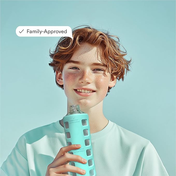 purifyou 40oz / 32oz / 22oz / 12oz Borosilicate Glass Water Bottle with Time & Volume Markers, Silicone Sleeve, Stainless Steel Lid | Reusable Glass Bottle for Water & Juice (12oz Glow-in-the-Dark)