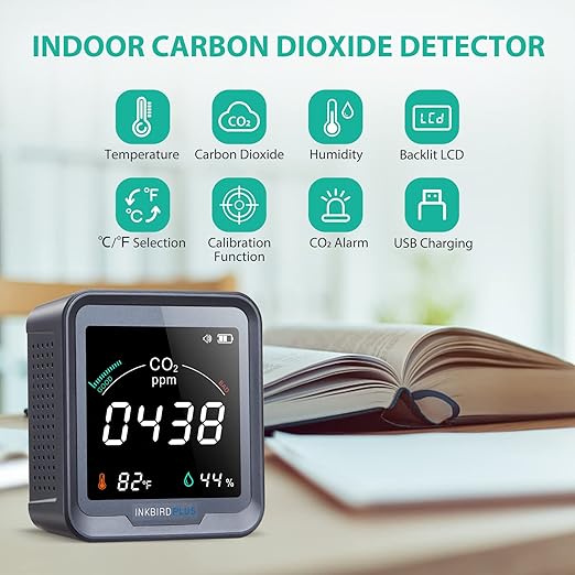 INKBIRDPLUS Indoor CO2 Detector, Air Quality Monitor, Tester for Carbon Dioxide, Temperature and Relative Humidity, Indoor CO2 Monitor with Alarm, for Grow Tents, Wine Cellars, Homes, Cars(PTH-9C)