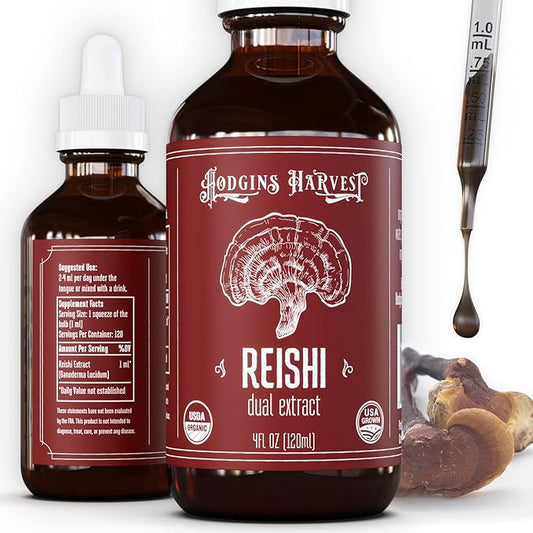 Hodgins Harvest Organic Reishi Tincture | Made with Mushrooms Grown On Our Farm in The USA | Dual Extract | Extra-Concentrated (4 fl oz)-FlexoryFit