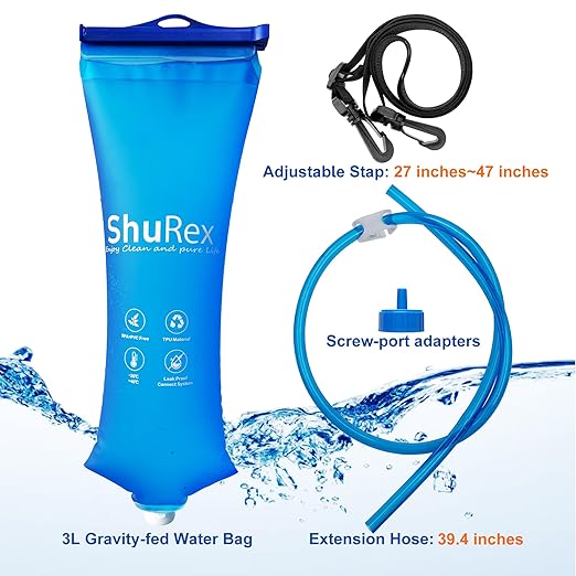 3L Gravity-Fed Water Bag for Sawyer Water Filtration System Survival Water Filter Straw, Compatible with LifeStraw and Other Water Filter Straw, Foldable, BPA-Free (3L)