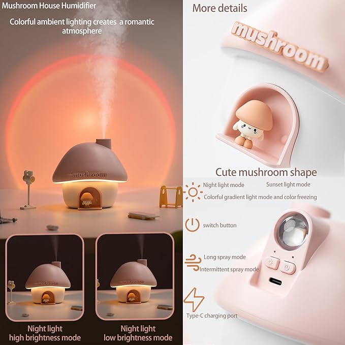 Portable Mini Humidifier, 300ml Small Cool Mist Humidifier, Personal Desktop Humidifiers for Baby Bedroom Travel Office Home,7 Modes of sunset atmosphere light, 2Modes of night light